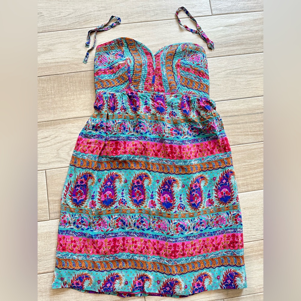 Maple Anthropologie Silk Floral and Paisley Print Dress w/ Quilted Bodice